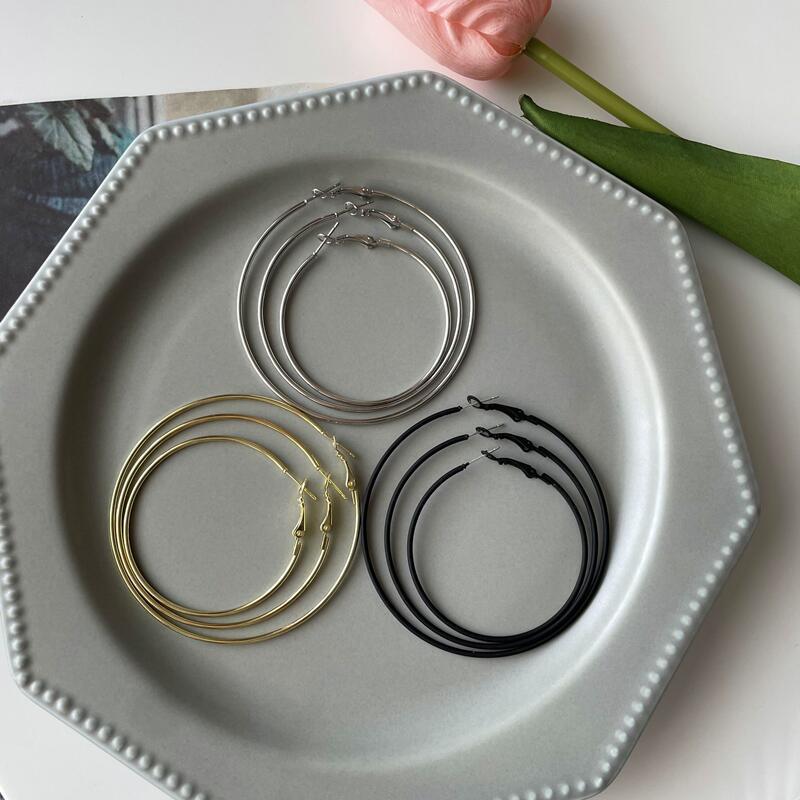 2025New Trendy Summer Silver Large Hoop Black Thin Hoop European and American Style Elegant Gold Versatile Earrings