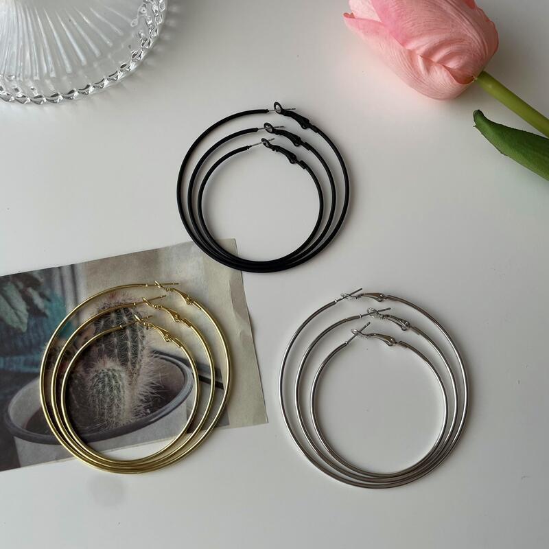 2025New Trendy Summer Silver Large Hoop Black Thin Hoop European and American Style Elegant Gold Versatile Earrings