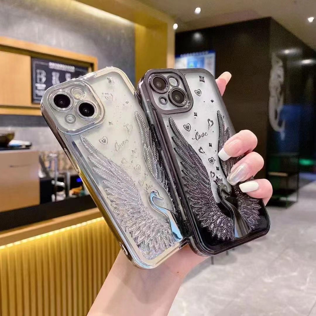 Coque de téléphone argentée avec sable mouvant, phénix et cygne