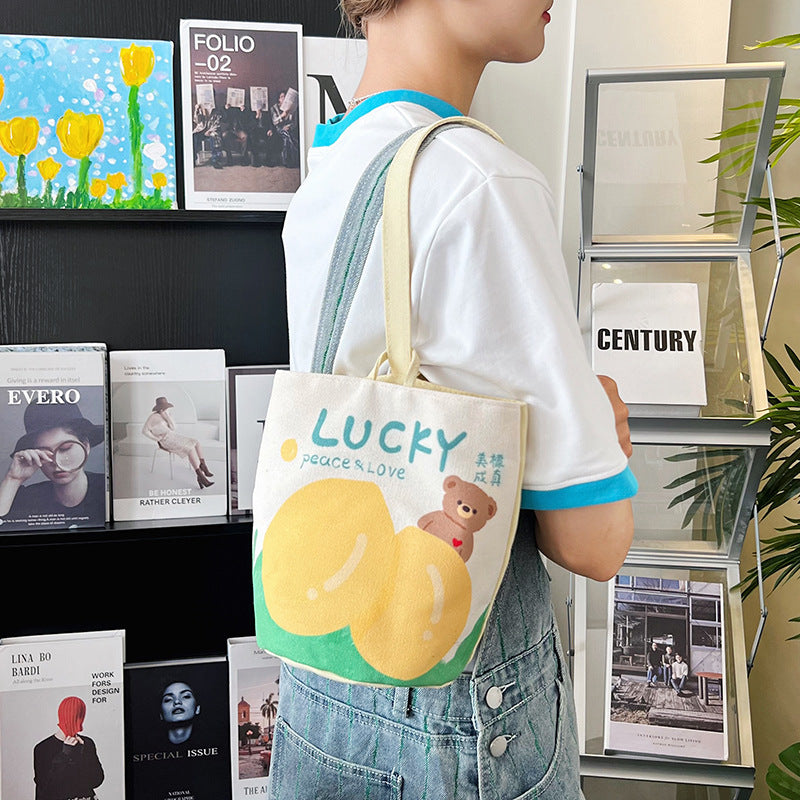 Original Cartoon Canvas Bucket Bag Full Moon Banquet Gift Cloth Bag Outing Mommy Bag Kindergarten Cute Small Tote Bag