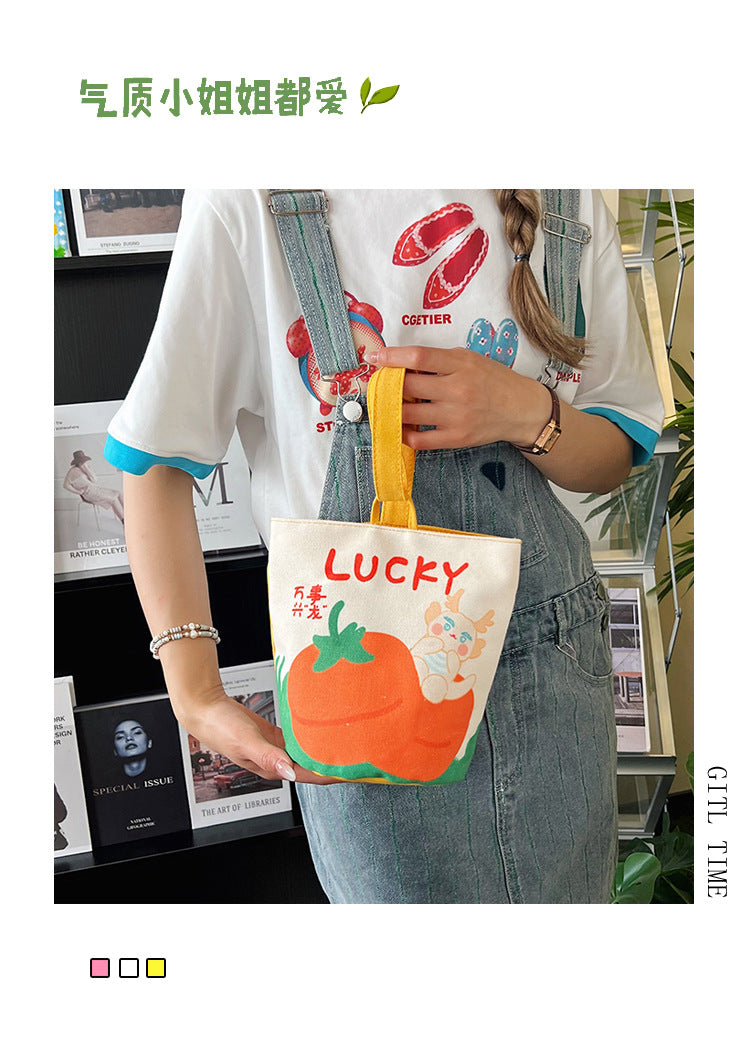 Original Cartoon Canvas Bucket Bag Full Moon Banquet Gift Cloth Bag Outing Mommy Bag Kindergarten Cute Small Tote Bag
