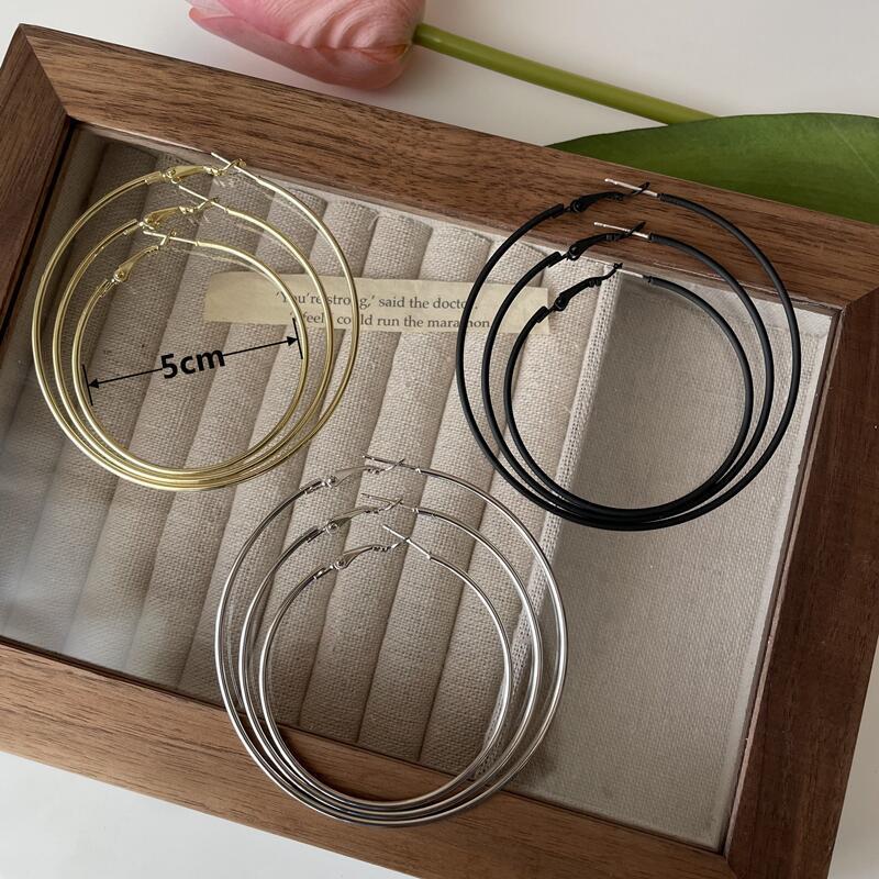 2025New Trendy Summer Silver Large Hoop Black Thin Hoop European and American Style Elegant Gold Versatile Earrings