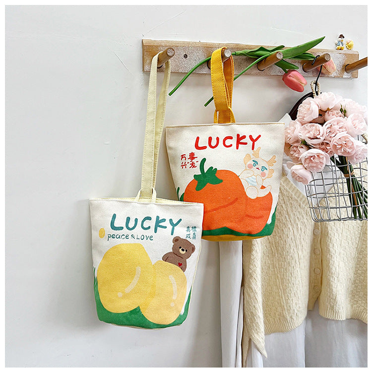 Original Cartoon Canvas Bucket Bag Full Moon Banquet Gift Cloth Bag Outing Mommy Bag Kindergarten Cute Small Tote Bag