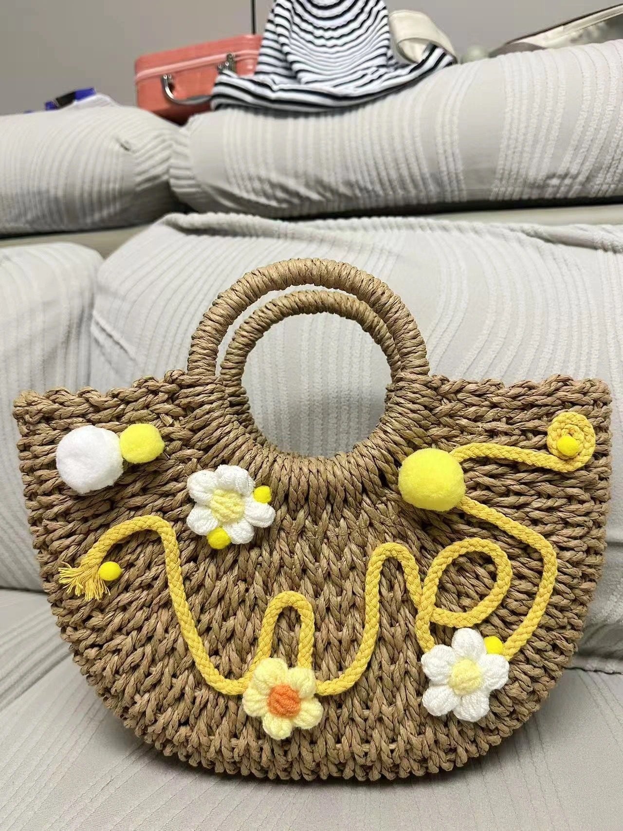 Original diy Handmade Seaside Vacation Letter Straw Bag Handheld Shoulder Paper Rope Women's Bag Straw Bag