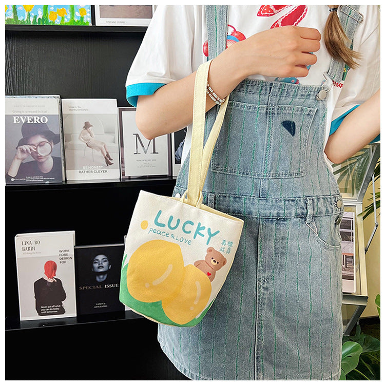 Original Cartoon Canvas Bucket Bag Full Moon Banquet Gift Cloth Bag Outing Mommy Bag Kindergarten Cute Small Tote Bag