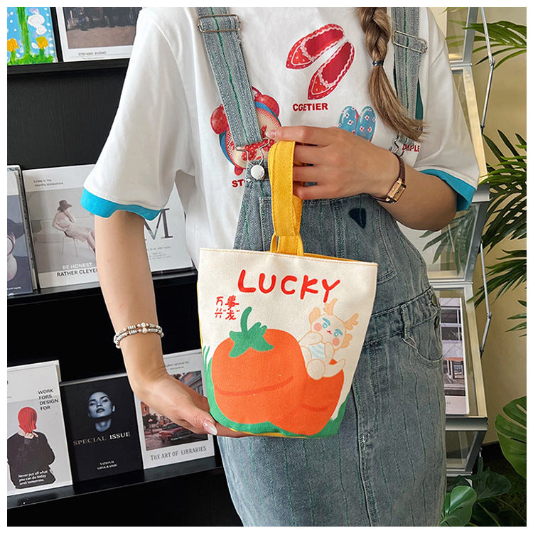 Original Cartoon Canvas Bucket Bag Full Moon Banquet Gift Cloth Bag Outing Mommy Bag Kindergarten Cute Small Tote Bag