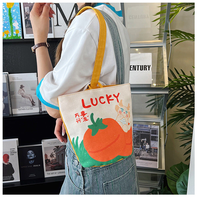 Original Cartoon Canvas Bucket Bag Full Moon Banquet Gift Cloth Bag Outing Mommy Bag Kindergarten Cute Small Tote Bag