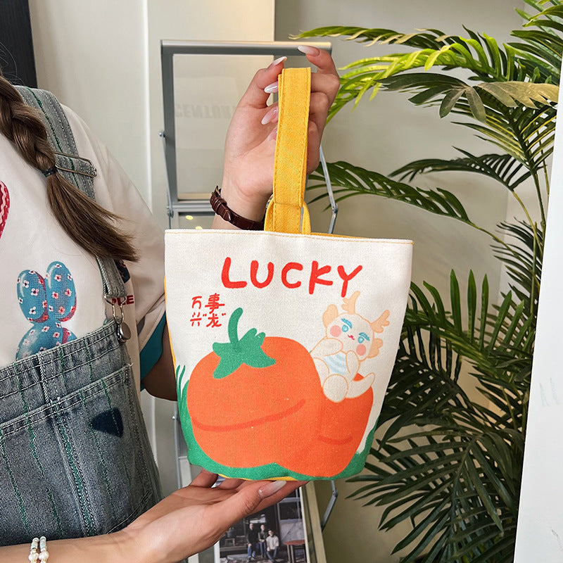 Original Cartoon Canvas Bucket Bag Full Moon Banquet Gift Cloth Bag Outing Mommy Bag Kindergarten Cute Small Tote Bag