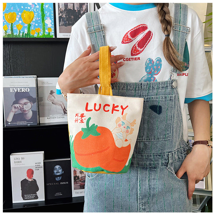 Original Cartoon Canvas Bucket Bag Full Moon Banquet Gift Cloth Bag Outing Mommy Bag Kindergarten Cute Small Tote Bag