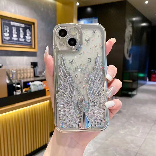 Coque de téléphone argentée avec sable mouvant, phénix et cygne
