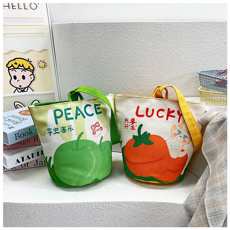 Original Cartoon Canvas Bucket Bag Full Moon Banquet Gift Cloth Bag Outing Mommy Bag Kindergarten Cute Small Tote Bag