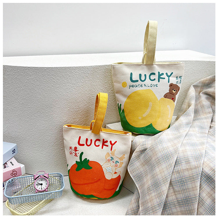 Original Cartoon Canvas Bucket Bag Full Moon Banquet Gift Cloth Bag Outing Mommy Bag Kindergarten Cute Small Tote Bag