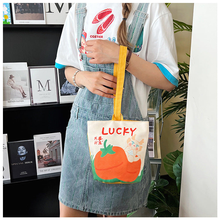 Original Cartoon Canvas Bucket Bag Full Moon Banquet Gift Cloth Bag Outing Mommy Bag Kindergarten Cute Small Tote Bag