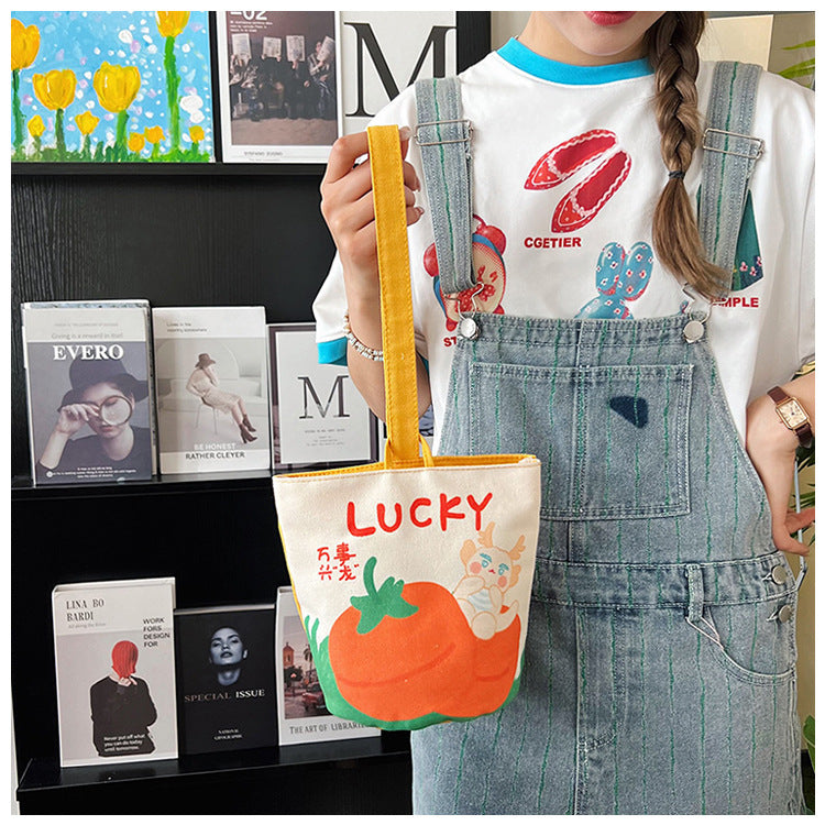 Original Cartoon Canvas Bucket Bag Full Moon Banquet Gift Cloth Bag Outing Mommy Bag Kindergarten Cute Small Tote Bag