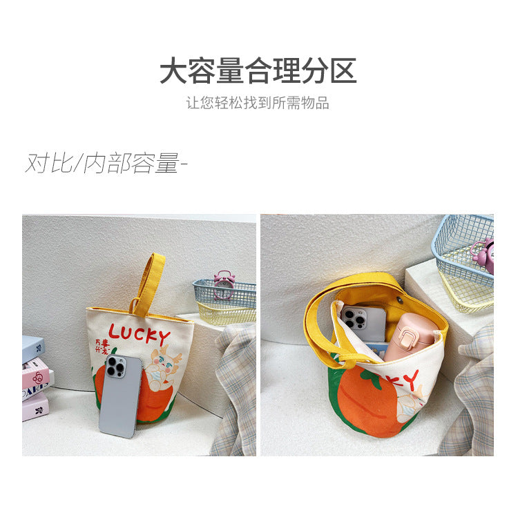 Original Cartoon Canvas Bucket Bag Full Moon Banquet Gift Cloth Bag Outing Mommy Bag Kindergarten Cute Small Tote Bag