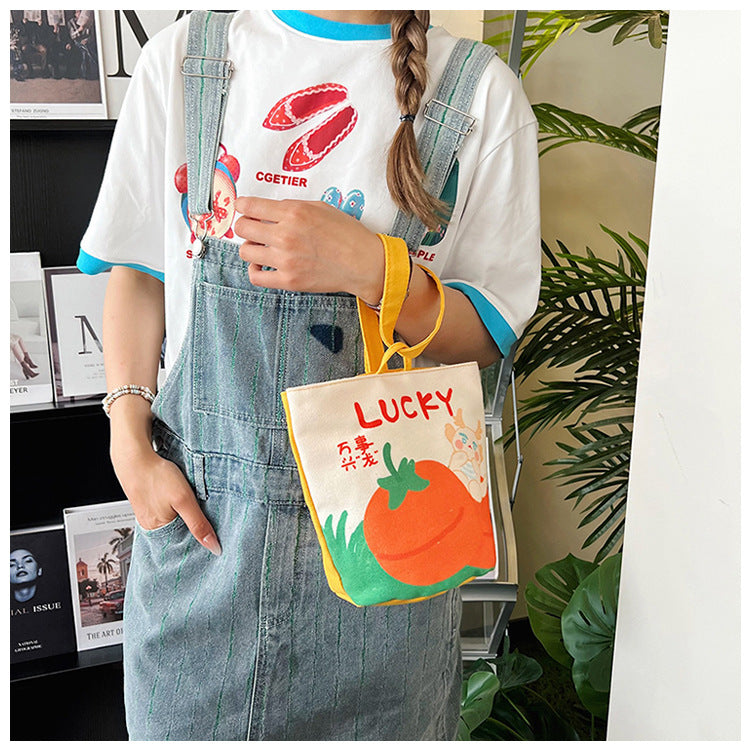 Original Cartoon Canvas Bucket Bag Full Moon Banquet Gift Cloth Bag Outing Mommy Bag Kindergarten Cute Small Tote Bag