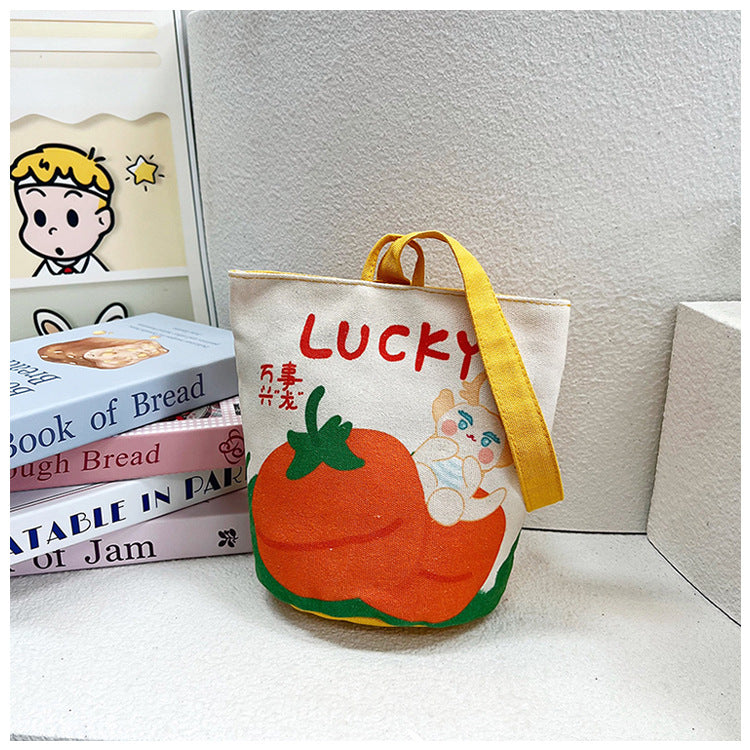Original Cartoon Canvas Bucket Bag Full Moon Banquet Gift Cloth Bag Outing Mommy Bag Kindergarten Cute Small Tote Bag