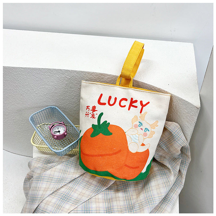 Original Cartoon Canvas Bucket Bag Full Moon Banquet Gift Cloth Bag Outing Mommy Bag Kindergarten Cute Small Tote Bag