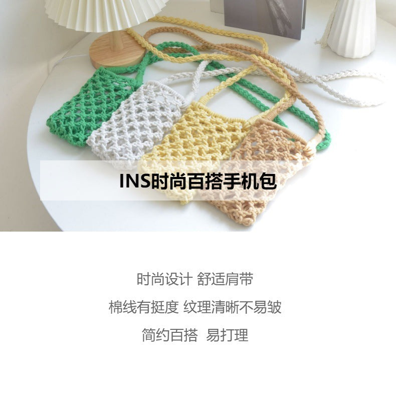 Korean Style Cotton Thread Woven Hollow Mini Mobile Phone Bag fashion Diagonal Cross Bag Personality Colorful Versatile ins Wholesale of the same style