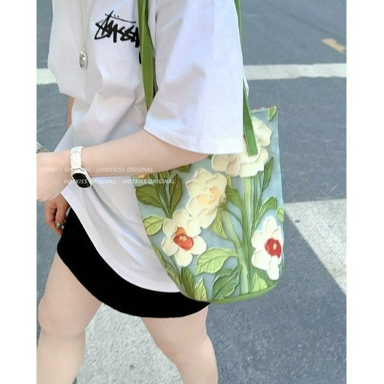 Fresh design high-end feel single-shoulder bucket bag for women2025New Large Capacity Printed Fashion Versatile Shoulder Bag