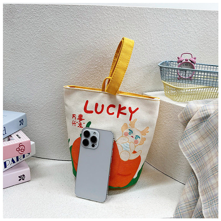 Original Cartoon Canvas Bucket Bag Full Moon Banquet Gift Cloth Bag Outing Mommy Bag Kindergarten Cute Small Tote Bag